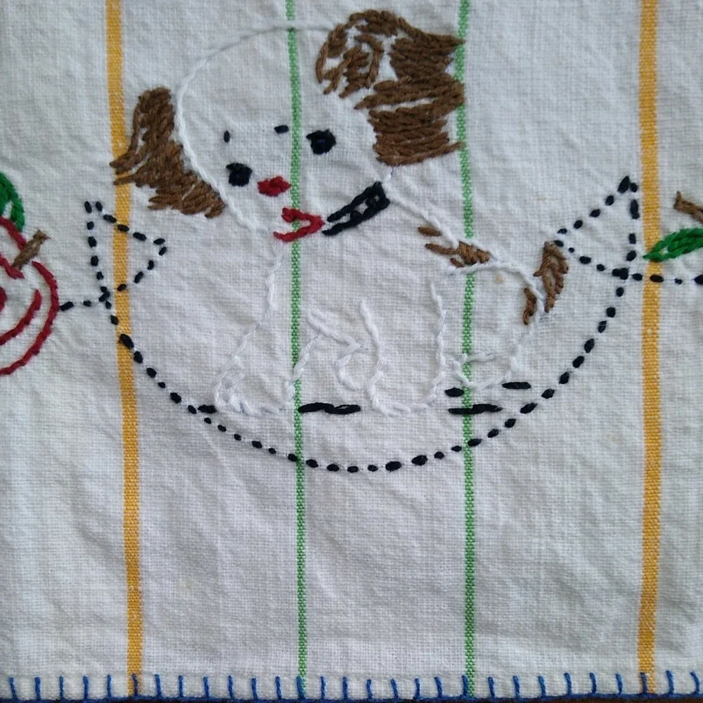 Vtg Embroidered Tea Towel Striped Blue Red Green Puppy 24 x 15.75